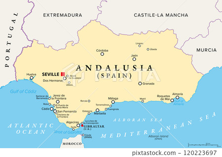 Andalusia, a region of Spain, with capital Seville, political map. Southernmost autonomous community in Peninsular Spain, located in the south of the Iberian Peninsula, in southwestern Europe. Vector. 120223697