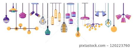 Hanging lamps. Modern ceiling pendant light with different lampshades, creative electric home room decoration, contemporary illumination equipment. Vector isolated set Hanging lamps. Modern ceiling pendant light with different lampshades, creative electric home room decoration, contemporary illumination equipment. Vector isolated set 120223760
