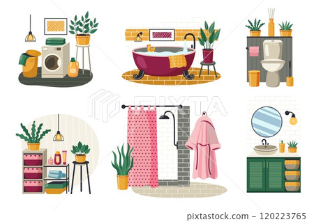Bathroom and toilet cartoon interiors. Modern home washroom with bathtub and toilet, cozy scandinavian flat design hygiene room. Vector isolated set Bathroom and toilet cartoon interiors. Modern home washroom with bathtub and toilet, cozy scandinavian flat design hygiene room. Vector isolated set 120223765