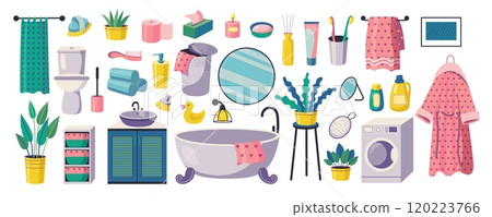 Bathroom accessories. Cartoon cute hygiene items and furniture, home bathtub toilet sink with towels bubble bath. Vector bathroom interior isolated set 120223766