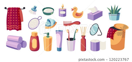 Bathroom stuff. Modern home interior hygiene products, cartoon decorative cosmetic towels bathrobe soap lotion, trendy scandinavian style. Vector set 120223767