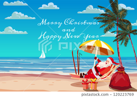 Santa Claus on the resort tropical, resting in deck chair with cocktail Santa Claus on the resort tropical, resting in deck chair with cocktail 120223769