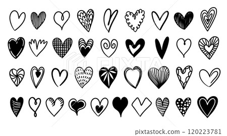 Hand drawn hearts. Cute minimalistic pencil sketch valentines day symbols, simple black outline scribble romantic doodles. Vector isolated set 120223781
