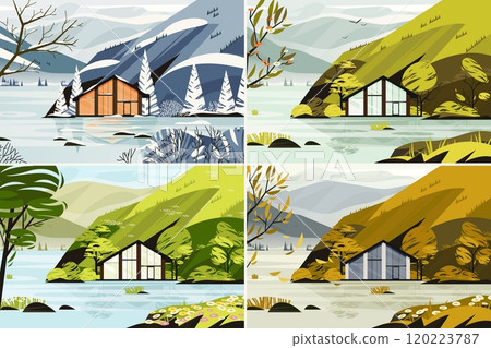 Seasons landscape. Spring summer autumn winter nature background with seasonal forest house mountain hill with trees flat cartoon style. Vector illustration 120223787