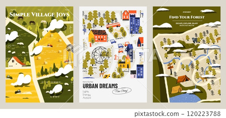 Nature landscape and garden posters. Abstract summer spring country landscape with flowers trees grass, cute minimalistic background. Vector set Nature landscape and garden posters. Abstract summer spring country landscape with flowers trees grass, cute minimalistic background. Vector set 120223788