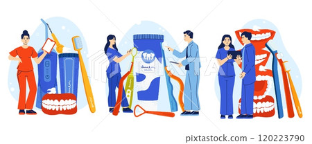Oral hygiene concept. Mouth cleaning tools and products, fresh breath and healthy teeth prevention, flat cartoon dental care banners. Vector set 120223790