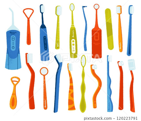 Toothbrushes cleaning tools. Cartoon manual and electric teeth brush with paste, oral hygiene and mouth sanitation, dental care concept. Vector set 120223791
