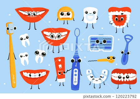 Cute teeth characters. Cartoon tooth with toothbrush toothpaste dental floss mouthwash with funny emotions, oral hygiene and health care concept. Vector set 120223792
