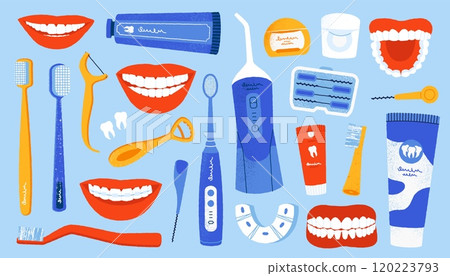 Oral hygiene cleaning tools. Cartoon teeth brush floss and mouthwash, dental care equipment and treatment, cute flat toothbrush and paste. Vector isolated set 120223793