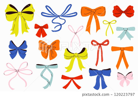 Ribbon bows. Decorative bowknot with colorful ribbons different shapes and sizes, flat tied bowtie for gift package decor celebration. Vector set 120223797