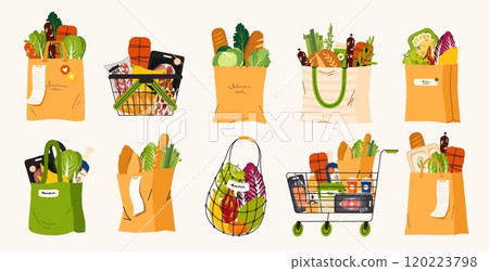Shopping bags and baskets. Plastic paper and fabric bags for grocery, supermarket and store package with vegetables and dairy. Vector isolated set 120223798