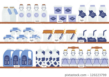 Dairy on shelves. Supermarket interior with milk, butter, cheese and yogurt on store shelves. Vector milk products packaging in line illustration 120223799