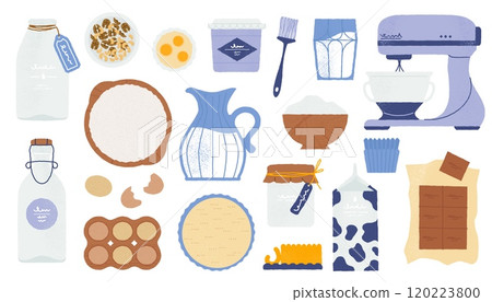 Bakery ingredients. Cartoon kitchen utensils and baking tools with flour sugar eggs butter and vanilla, cooking equipment flat style. Vector set 120223800