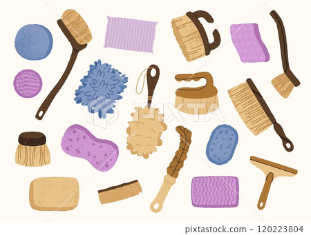 Cleaning tools brushes sponges. Washing equipment for home and office, brushes, mop and sponge for cleaning, housework supplies. Vector isolated set Cleaning tools brushes sponges. Washing equipment for home and office, brushes, mop and sponge for cleaning, housework supplies. Vector isolated set 120223804