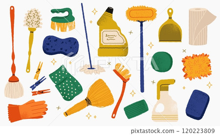 Cleaning supplies. Doodle housework tools and equipment, cartoon broom mop bucket gloves detergent, home hygiene concept. Vector flat set 120223809