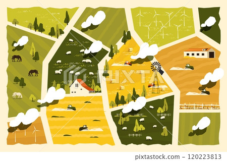 Cute rural map. Cartoon countryside village with farm houses and forest, kids game background with rural landscape. Vector town map illustration Cute rural map. Cartoon countryside village with farm houses and forest, kids game background with rural landscape. Vector town map illustration 120223813