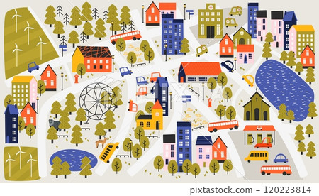 Cute town map. Cartoon hand drawn village with houses, trees and mountains, kids nursery or kindergarten road and landscape illustration. Vector set 120223814