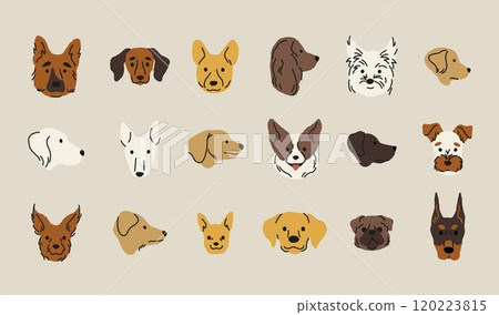 Cartoon dog heads. Funny puppy face icons, cute domestic animals different breeds heads, funny dog face mascot. Vector isolated collection 120223815
