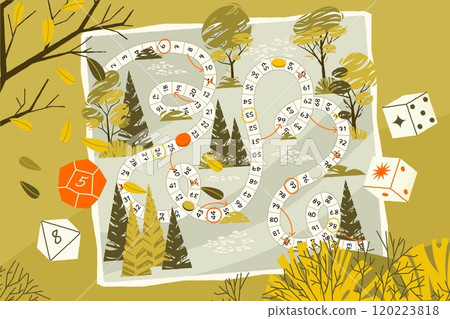 Kids board game. Cartoon children playing snakes and ladders game, funny group of people on ladder and animals on snakes back. Vector board game illustration 120223818