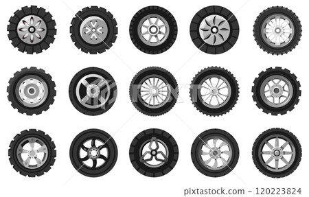Cartoon car wheels. Tire rim disk with rubber, transport vehicle auto parts, automotive circle tire wheel disk spoke protector. Vector isolated set Cartoon car wheels. Tire rim disk with rubber, transport vehicle auto parts, automotive circle tire wheel disk spoke protector. Vector isolated set 120223824