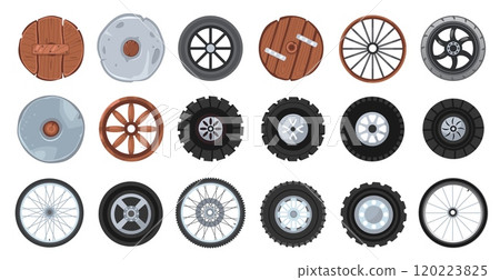 Cartoon transport wheel. Vintage and modern car tire with rim, vehicle transport circle icons, flat automobile transport wheel different views. Vector set Cartoon transport wheel. Vintage and modern car tire with rim, vehicle transport circle icons, flat automobile transport wheel different views. Vector set 120223825
