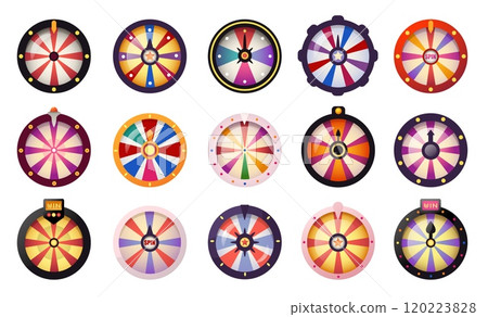 Fortune wheels. Cartoon online casino game with prize wheel and roulette, gamble round with lucky spin and winning stake. Vector illustration Fortune wheels. Cartoon online casino game with prize wheel and roulette, gamble round with lucky spin and winning stake. Vector illustration 120223828