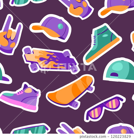 Skateboard pattern. Seamless print of street sport skateboarder equipment, kids doodle background for t-shirt design. Vector texture 120223829