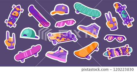 Skateboard badges. Street sport labels with skull and skateboarder silhouette, summer lifestyle and skating concept. Vector isolated set Skateboard badges. Street sport labels with skull and skateboarder silhouette, summer lifestyle and skating concept. Vector isolated set 120223830