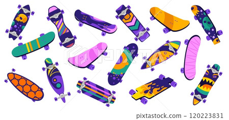 Cartoon skateboards. Retro wooden boards with wheels, skateboard and longboard models for street sport activity, recreation and youth culture. Vector isolated set Cartoon skateboards. Retro wooden boards with wheels, skateboard and longboard models for street sport activity, recreation and youth culture. Vector isolated set 120223831
