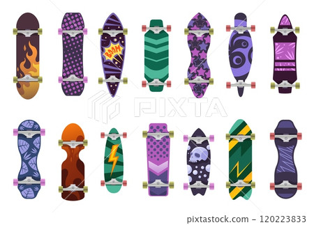 Colored skateboard. Cartoon skateboards of different shapes and colors, modern urban transport equipment, sport and active leisure activity. Vector isolated set. Colored skateboard. Cartoon skateboards of different shapes and colors, modern urban transport equipment, sport and active leisure activity. Vector isolated set. 120223833