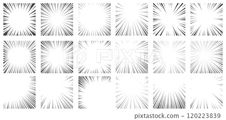 Manga radial frame. Anime circle borders with different concentrated line decorations. Speed and impact starburst vector illustration set 120223839