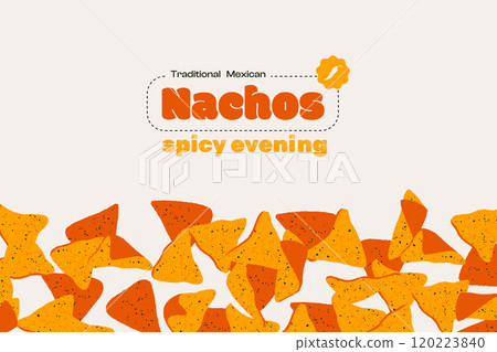 Nachos doodle flyer. Spicy snack cartoon poster, mexican chips for salsa cheese guacamole, fast food banner design. Vector illustration 120223840