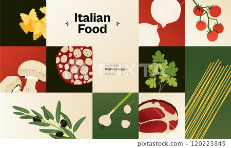 Italian food ingredients abstract banner. Cartoon spaghetti pasta vegetables and cheese, traditional mediterranean food, flat noodles. Vector flyer 120223845