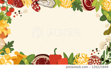 Italian food frame. Traditional national cuisine ingredients, pasta olive tomatoes cheese and spices. Vector cartoon restaurant menu background 120223849