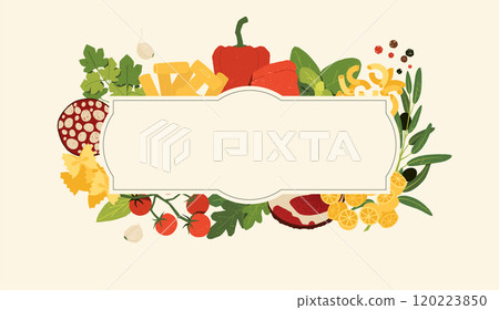 Italian food banner. Abstract poster with traditional mediterranean pasta, vegetables and meat. Vector illustration of Italian dishes ingredients for restaurant menu design Italian food banner. Abstract poster with traditional mediterranean pasta, vegetables and meat. Vector illustration of Italian dishes ingredients for restaurant menu design 120223850
