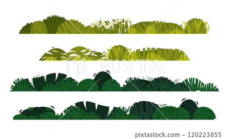 Cartoon green bushes. Forest decorative hedge plants, park garden landscaping elements, flat foliage of different shapes. Vector isolated set Cartoon green bushes. Forest decorative hedge plants, park garden landscaping elements, flat foliage of different shapes. Vector isolated set 120223855