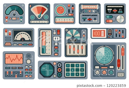 Spaceship retro controls. Vintage analog dashboard with dials indicators and gauges, old spacecraft cockpit interface. Vector illustration 120223859