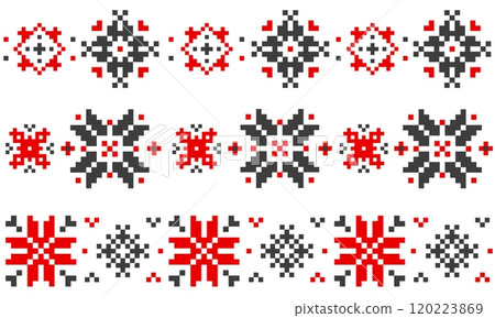 Ukrainian traditional ornament. Ethnic embroidery cross stitch border frame, vintage geometric floral motif bucovina cossacks shirt print. Vector set 120223869