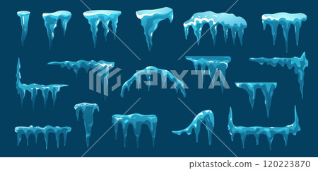 Cartoon blue icicles. Frozen ice spikes hanging down, cold frost weather elements, frozen snow water drops melt frosty icy weather. Vector isolated set 120223870