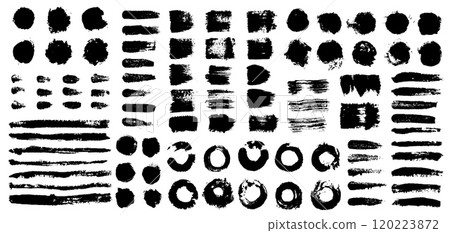 Grunge brush stroke. Dirty black ink brush lines for logo design, paint splash and spray banner, grungy brush art elements. Vector set 120223872