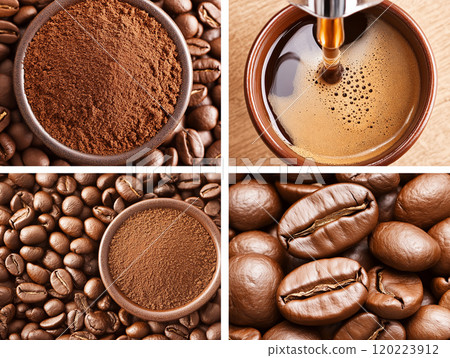 A collage showcasing the coffee-making process, from whole beans to ground coffee A collage showcasing the coffee-making process, from whole beans to ground coffee 120223912