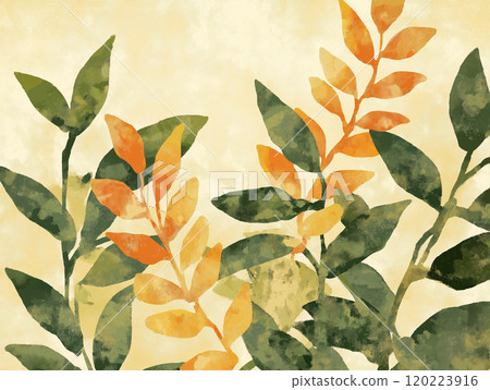 A soft, watercolor-inspired illustration of leafy branches in green and warm orange tones A soft, watercolor-inspired illustration of leafy branches in green and warm orange tones 120223916