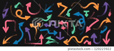 Brush drawn colored arrows. Doodle curve bend pointers, sketchy thick direction pointers, rough line arrows different shapes. Vector isolated set 120223922
