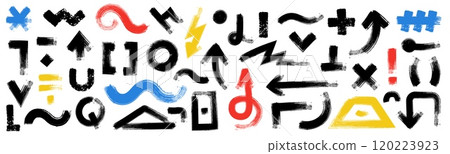 Bold brush sign and shapes. Doodle thick linear arrows and spirals, wavy and curvy lines, abstract blob brush scribbles. Vector sketch set 120223923