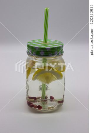 Refreshing Lemon Water in a Mason Jar 120223953
