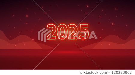 Happy New Year 2025 Neon Sign on Red Background 120223962