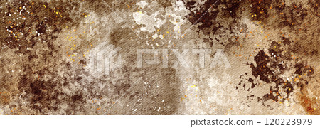 Brown Watercolor Texture in Grunge Style. Earthy background of coffee and chocolate colors with stains and rough brushstrokes. Hand painted aged background in dark tones for brochures and posters. 120223979