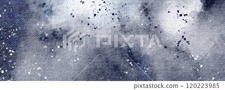 Cosmic Watercolor Texture of navy blue background. Deep indigo background with spots and rough brushstrokes. Hand painted astrological night sky background for brochures and posters. 120223985