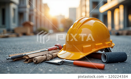 yellow construction helmet and tools on the ground of a construction site yellow construction helmet and tools on the ground of a construction site 120224384