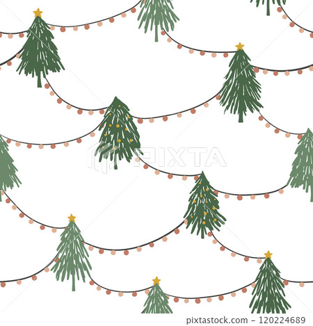 Hand drawn Christmas trees and garlands seamless pattern 120224689